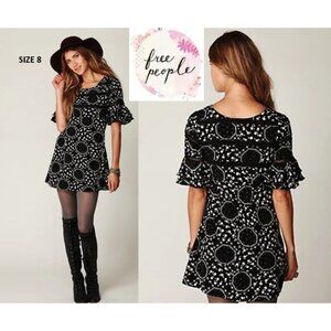 Free People Black and White Floral Satin Short Ruffle Sleeves Shift Mini Dress